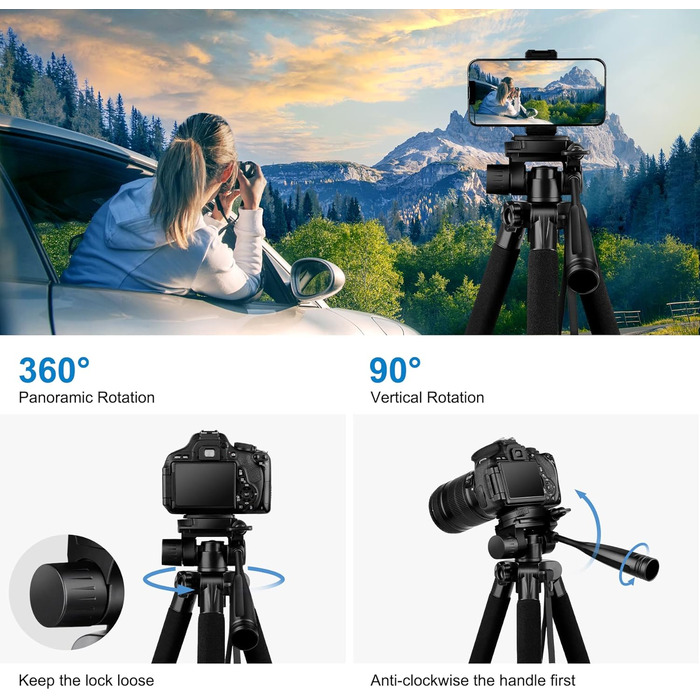 Штатив для камери JOILCAN 165см, алюміній, чорний. Підходить для Canon, Nikon, Sony DSLR, смартфонів. Макс. навантаження 5,5 кг, з сумкою
