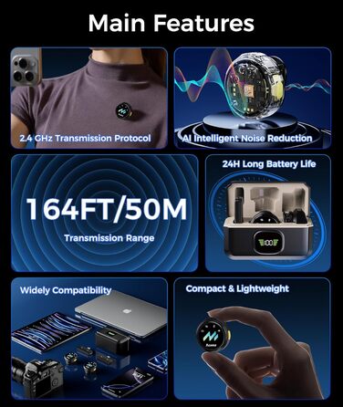 Мікрофон-петличка Aceele бездротовий для iPhone/Android/планшетів/ПК, Hi-Fi звук, шумозаглушення, 24 години роботи, радіус дії 50м, мініатюрний мікрофон для відео/стрімінгу/влогів/подкастів/інтерв'ю з кейсом для зарядки