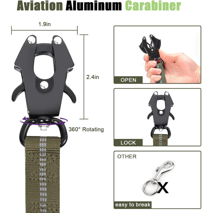 Міцна тактична повідка для собак Raiput Bungee з амортизатором, 1,2-1,8 м, карабін з фіксатором, світловідбиваючі елементи, для середніх собак (Ranger Green, Aviation aluminum)
