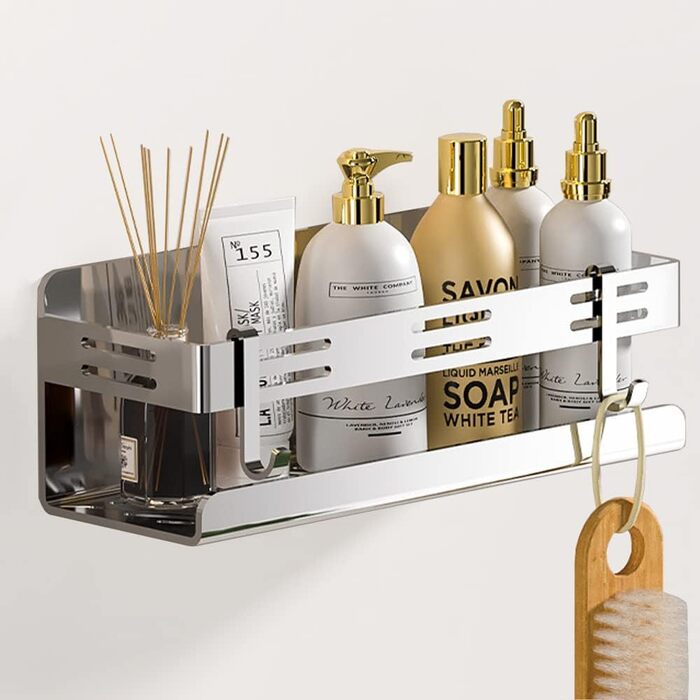 Melairy Shower Shelf No Drilling Bathroom Storage & Organization Shower Basket, Stainless Steel Bathroom Shelves with Two Hooks for Bathrooms and Kitchens