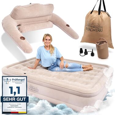 Надувне ліжко для 2 осіб [3-в-1 система] | Елегантне гостьове та кемпінгове ліжко | Надувна матрац з електропомпою 150x200 | Самостійно надувна повітряна матрац для 2 осіб, бежевий