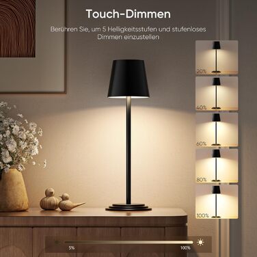 Настільна лампа бездротова акумуляторна 5200mAh, металева, з димером та регулюванням висоти, чорна з дерев'яними елементами для дому та кемпінгу