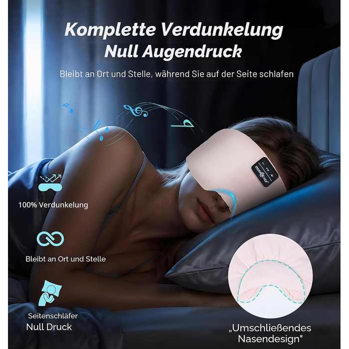 Маска для сну з Bluetooth навушниками, шовкова, 100% затемнення, рожева – для комфортного сну, подорожей та релаксації
