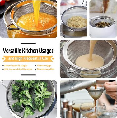 Набір сит кухонних, 3 шт. (8, 16, 18 см), нержавіюча сталь. Сито для борошна, макаронів, кіноа з неслизькими, ізольованими ручками. Набір сит з дрібною сіткою з пластиковою ручкою