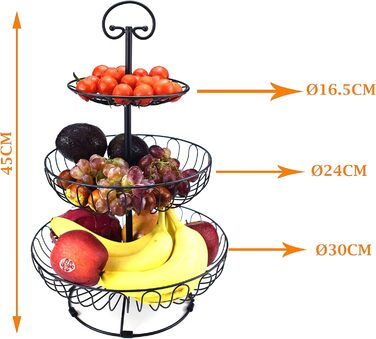 Металевий кошик для фруктів та овочів з ручкою для кухні/балкону, 3 яруси, великий, з нержавіючої сталі, з 360° циркуляцією повітря (чорний, 45 см висота, Ø30-24-16.5 см)