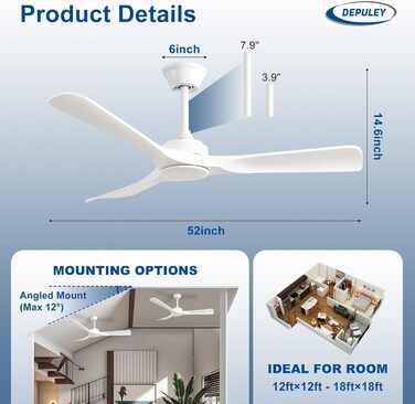 Стеляний вентилятор Depuley Leise з підсвічуванням для вулиці: LED лампа з вентилятором для саду, тераси - 132см, з підсвічуванням та APP для вітальні, ресторану, офісу (Білий, 52'' без підсвічування)