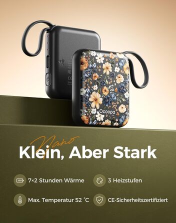 Електричні грілки для рук Ocoopa 2 шт. з акумулятором 4000mAh, USB, 3 режими нагріву до 52°C, для жінок, зимові подарунки, для катання на лижах, подорожей та активного відпочинку, UT5 Nano Wiesengeflüster (Ocoopa x Künstleredition)