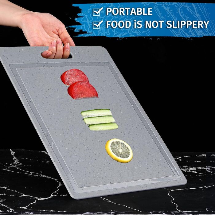 Набір обробних дощок 3 шт. з імітацією граніту, антиковзкі наклейки, канавка для соку, BPA-Free, з ручкою. Пластикові обробні дошки, антибактеріальні, кухонні аксесуари, гаджети, помічники (сірий, 3 шт.)