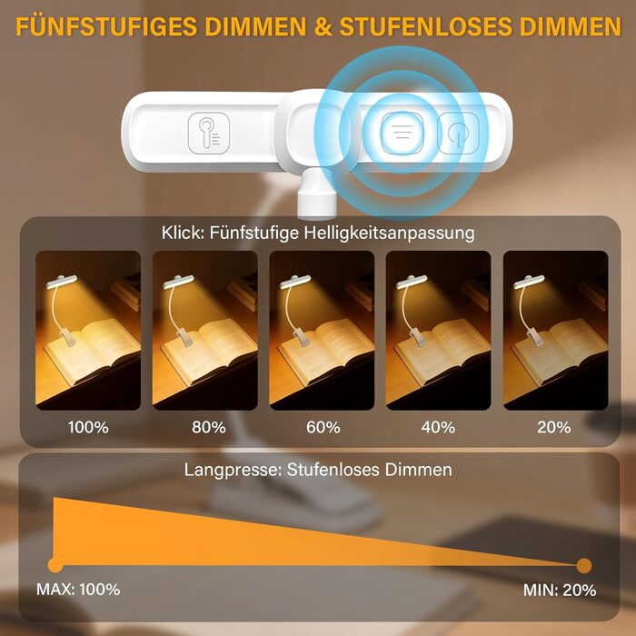 Лампа для читання LED USB акумуляторна з димером, 3 режими, біла, з кліпсою, 1000mAh - для рукоділля, ремонту, риболовлі