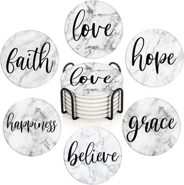 Britimes Drink Coasters, Set of 6, White Marble, Inspiring Love, Absorbent, Round, Ceramic-Stone Mat, with Cork Bottom and Metal Holder, Housewarming Gift, Bar, Decor