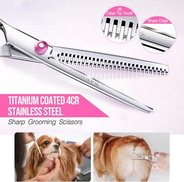 Професійна феншуйниця для собак 5-в-1 Gimars, 4CR з безпечною закругленою насадкою, титанове покриття, пряма, філірувальна та вигнута ножиці (Рожева)