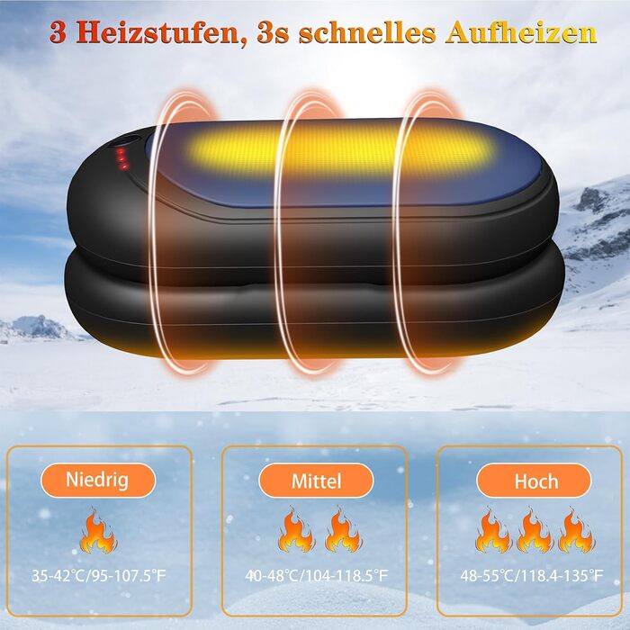 Електричний грієчка для рук, перезаряджуваний набір 2 шт. з акумулятором 6000mAh, USB-кабель, 3 режими нагріву, 20 годин тепла, перезаряджувана кишенькова пічка для активного відпочинку взимку (чорний, синій)