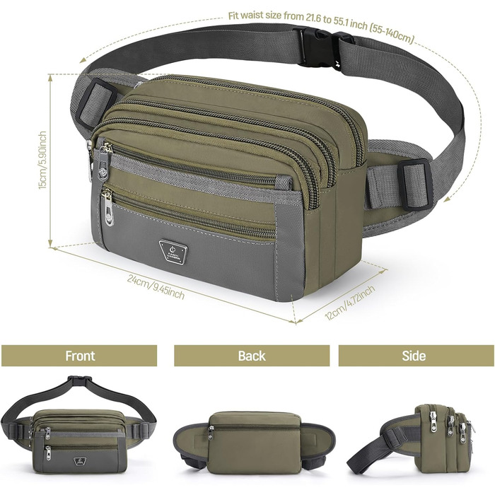 Поясна сумка на пояс для чоловіків та жінок з 7 кишенями на блискавці. Ідеальна для спорту, фітнесу, бігу, велоспорту, подорожей та кемпінгу. Зелений колір.