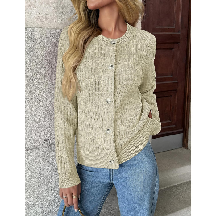 Жакет Zeagoo з довгими рукавами, кардиган з круглою шиєю, в'язаний жакет на ґудзиках, відкритий спереду, елегантний в'язаний светр для жінок (M, пісочний)