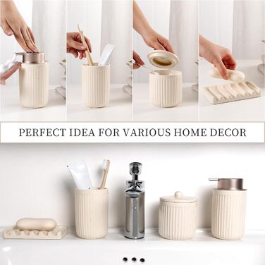 Набір для ванної кімнати з кераміки, 4 шт: мильниця, дозатор для мила, стакан для зубної пасти, контейнер для ватних паличок. Преміум якість, колір: абрикосовий з смужками