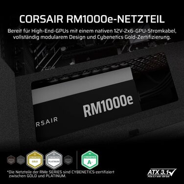 Блок живлення Corsair RM1000e (2025) 1000W ATX 3.1 PCIe 5.1, повністю модульний, 12V-2x6, Cybenetics Gold, чорний