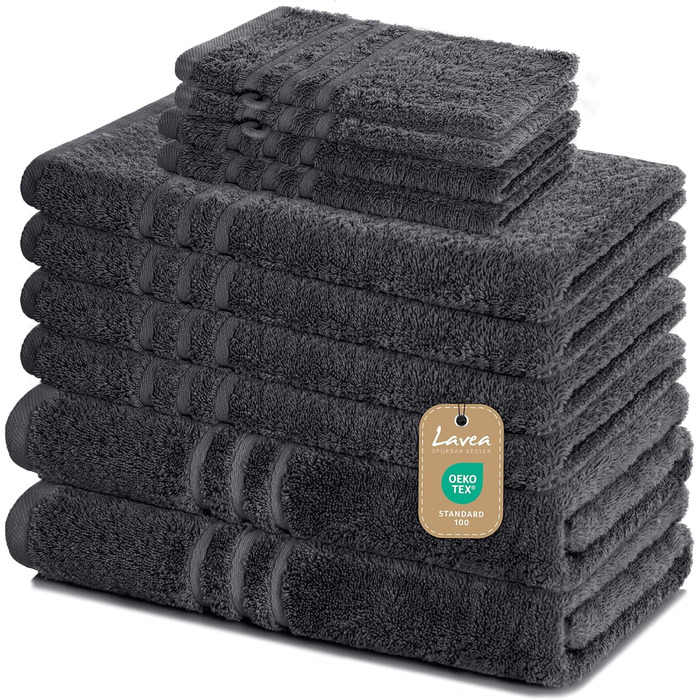 Набір рушників Lavea Elena, 10 шт., 100% бавовна, антрацит - рушники, пілочки, рушники для гостей, рукавички для вмивання, м'які, швидковисихаючі, Oeko-Tex