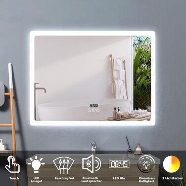 Дзеркало для ванної кімнати з підсвічуванням, 3 кольори, регулювання яскравості, пам'ять, 70x50 см, LED, сенсорне покриття проти запотівання, енергозберігаюче, настінне дзеркало з Bluetooth та годинником