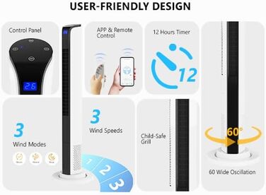 Вентилятор вежний Bonnlo з пультом, Wi-Fi, LED-дисплеєм, 3 швидкості, 3 режими (природний/звичайний/нічний), 60° осциляція, 24 ft/s, 40 дБ, білий