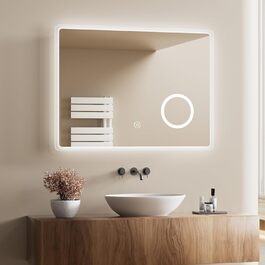 Дзеркало для ванної кімнати з підсвічуванням LED 80x60 см, регульоване, 3 кольори світла (3000K/4000K/6500K), антизапарник, вертикальна/горизонтальна установка, з 3x збільшенням