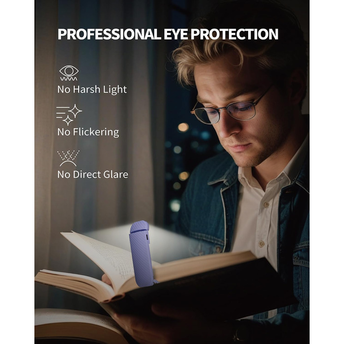 LED-ліхтарик для читання, перезаряджуваний, ультралегкий, з 3 кольорами та 5 рівнями яскравості, фіолетовий