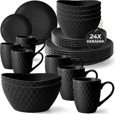 MIAMIO Набір посуду з 24 предметів з кераміки (тафельський сервіз) для 6 осіб, чорний колір, Palmanova Collection. Підходить для миття в посудомийній машині та використання в мікрохвильовці.