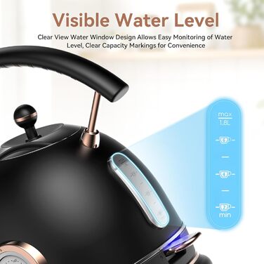 Електричний чайник Tro 1.8 л, нержавіюча сталь, 3 кВт, швидке кип'ятіння, регулятор температури, LED-підсвітка, автовимкнення, для дому, кухні, офісу, розкішного готелю (матова чорна та рожева золота)