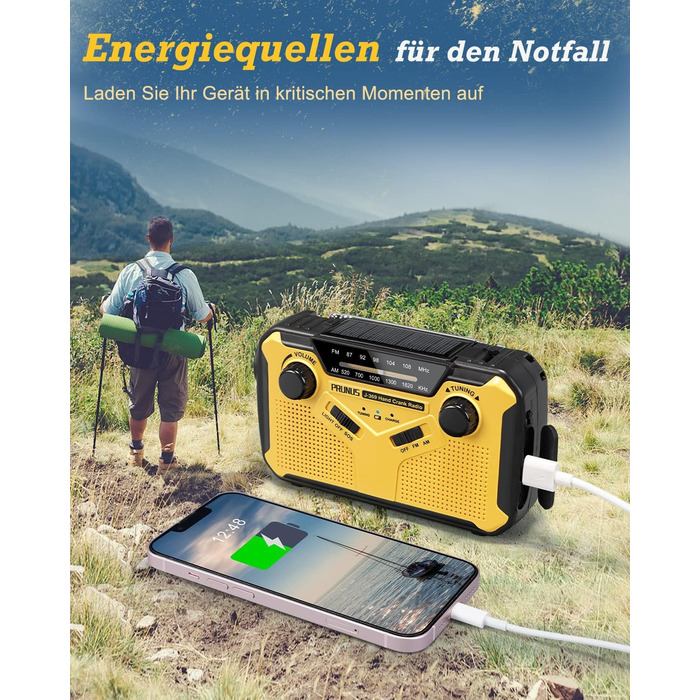 Радіо PRUNUS J-369: FM/AM, сонячне, з ручним заводом, Power Bank 3000mAh, SOS, ліхтарик для кемпінгу та надзвичайних ситуацій [Зелене] (Чорний та жовтий)