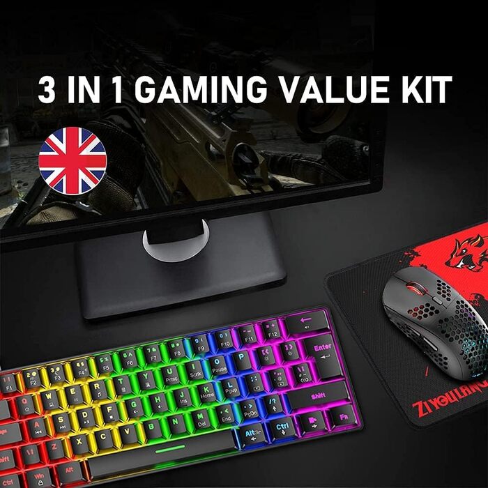Ігрова клавіатура та миша UK-Layout з підсвічуванням RGB, 62 клавіші, механічна, 6400 DPI (чорний/червоний перемикач)