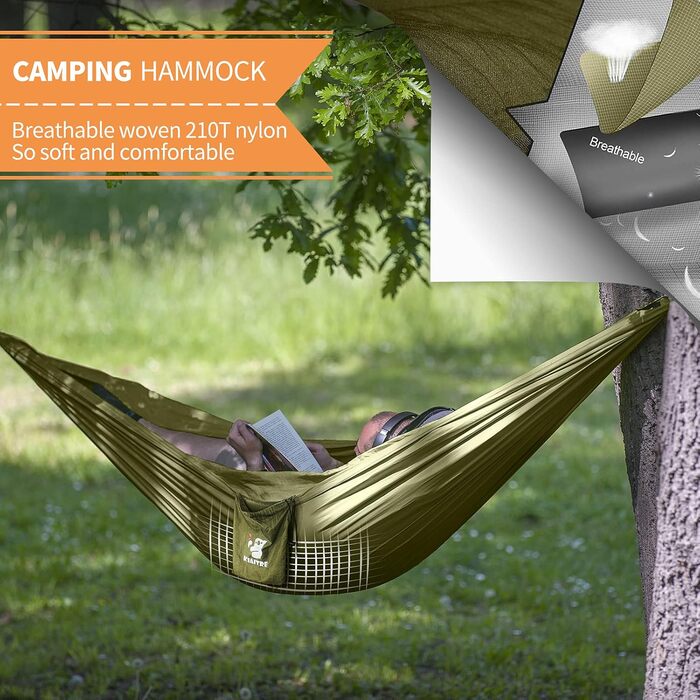 Гамак для відпочинку на природі з москітною сіткою - 260 x 130 см, легкий нейлон, 200 кг, зелений