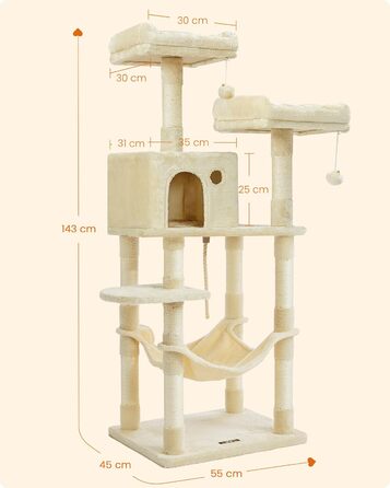Дряпка для котів Feandrea, 112 см, багатоповерхова, з 11 стовпчиками, 2 платформами, будиночком та гамаком, 2 іграшками, PCT215W01