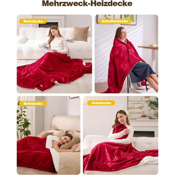 Електрична ковдра Yokimisu з автовимкненням 180x130 см, плюшева, з 6 рівнями нагріву, таймером, захистом від перегріву, пральна, для дому та офісу (червона)