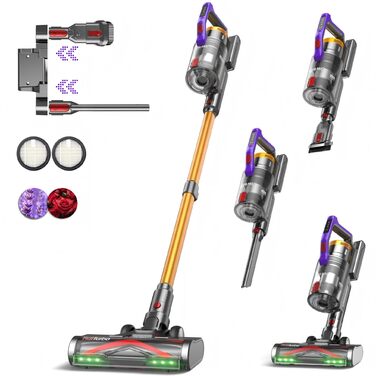 Бездротовий акумуляторний пилосос KIPMAX 50000Pa/550W, 70хв, 1.5л, з дисплеєм, антизаплутана щітка, 7-шаровий фільтр, 2 арома-пластини, для килимів, шерсті тварин, твердих поверхонь, фіолетовий/золотий