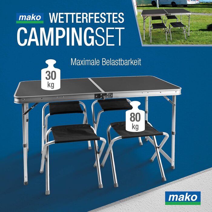 Складаний кемпінговий стіл з алюмінієвою рамою та стільницею МДФ 120x60x70 см + 4 стільці - для пікніка, дачі, відпочинку на природі