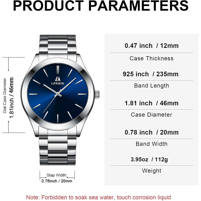 Годинник чоловічий LENQIN, водонепроникний, з нержавіючої сталі, кварцовий, аналоговий, з сапфіровим склом (Argent Bleu)