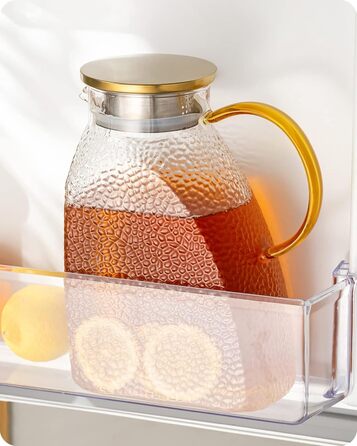 Baffect Water Jug, Glass Carafe with Stainless Steel Lid, Leak-Proof Refrigerator Door Carafe for Hot or Cold Drinks (1.8 L/63 oz.)