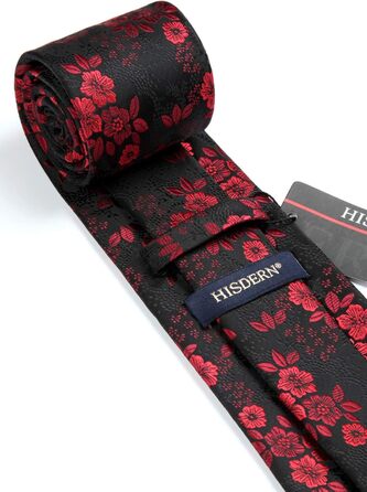 Чоловіча краватка HISDERN 160 см з кишеньковим хустиком. Набір для весілля, бізнесу. Шовкова краватка з квітковим принтом чорного та червоного кольорів.