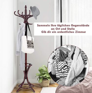 COSTWAY 184cm Wardrobe Rack with Umbrella Holder, Coat Rack with 12 Clothes Hooks, Clothes Rack made of Wood, Freestanding Wardrobe for Entryway, Living Room and Bedroom (Brown)