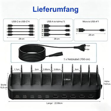 Зарядна станція COTOPS 65W на 10 портів для ноутбука, телефону, iPad, планшета. USB-C PD, з підставкою-органайзером, чорна