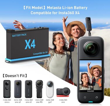 Акумулятор Melasta 2500mAh для Insta360 X4 (2 шт.) з зарядним пристроєм USB-C. Запасний акумулятор для екшн-камери Insta360 X4