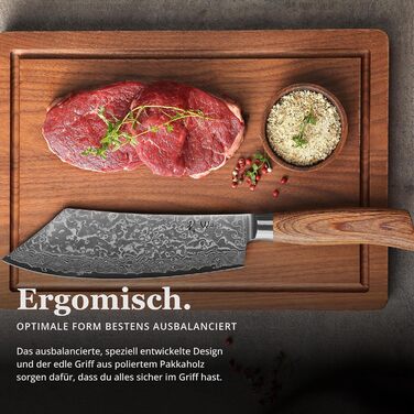 Ніж кухарський Wakoli EDIB Pro Damast BBQ & Blockmesser 20 см з лезом з 67 шарів дамаської сталі (VG10) з ергономічною ручкою з паккавуда для м'яса, гриля та смаження. У подарунковій коробці. Без гравіювання.