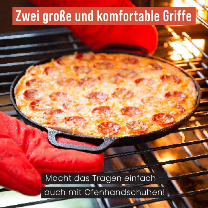 Chef Pomodoro Cast Iron Grill Pan – Cast Iron Grill Pan for Stove, Grill, Oven & Campfire – Cast Iron Pan - Pizza Pan Baking Sheet Round - Grill Plate Gas Grill - Cast Iron Pan for Gas Grill (30 cm)