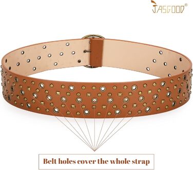 Жіночий широкий пояс JasGood з прорізними заклепками та круглою пряжкою, пояс з заклепками, пояс для талії для вінтажних джинсів, штанів, суконь. Підходить для талії до 88 см (Колір: Коричневий)