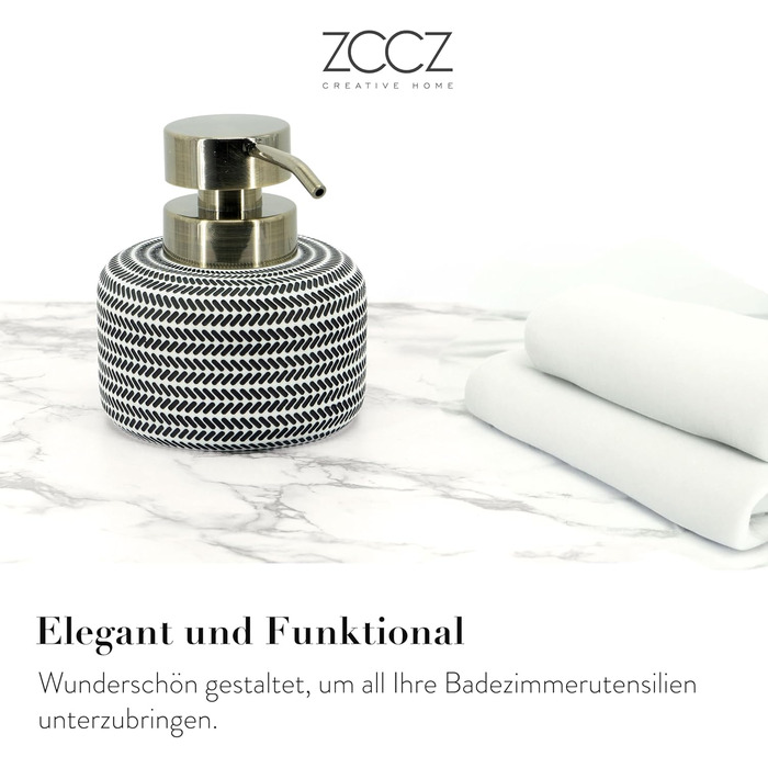 ZCCZ Bathroom Set – 4-Piece Organizer Set with Toothbrush Holder, Soap Dispenser, Cosmetic Bowl, and Cotton Swab Holder – Elegant Stone-Look Decoration, for Modern Bathrooms (Black/White)