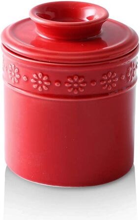 KOOV Ceramic Butter Top for Countertop, French Butter Dish, Large Capacity, Daisy Series (red)