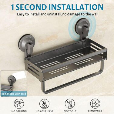 Поличка для душу Onemake з присосками, Дзеркальна поличка для ванної кімнати з ручками, Організатор для ванної кімнати з тримачем для рушників, Матовий чорний (30 см, 1 шт.)