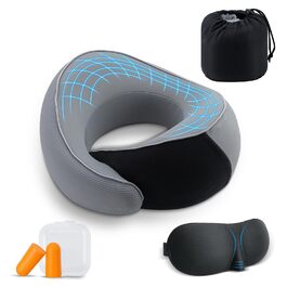 Подушка для шиї у літак з Memory Foam, набір: подушка, маска для сну та навушники (сіра)