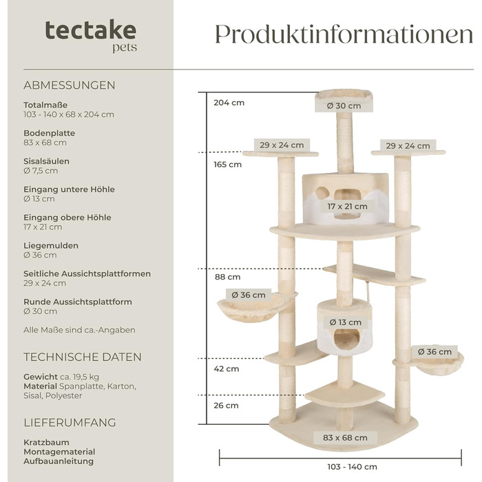 Кігтеточка Tectake® XXL для котів, велика, з аксесуарами: іграшки, лежанка, 2 будиночки, кігтеточка з сизалевого мотузка, висока - сірий/білий (бежевий/білий)