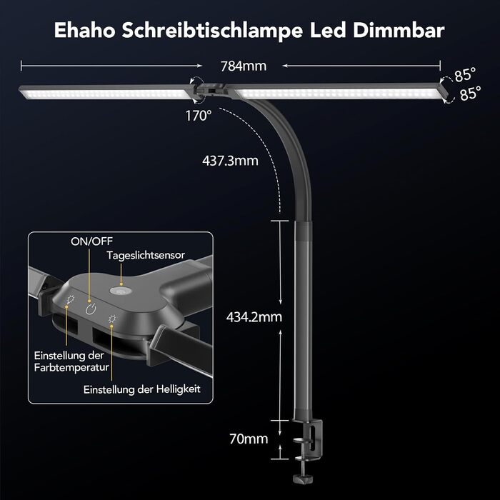 LED лампа для столу Ehaho 2100LM з регулюванням яскравості, 24W, 224 LED, 80 см, кріплення на монітор, гнушкий шийка, офісна лампа з пультом, 10 температур кольору та 10 рівнів яскравості (для дому/офісу), чорна