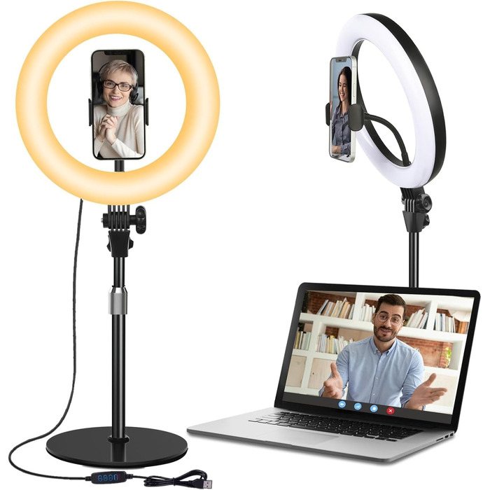 Кільцеве світло 10.5” з штативом, LED, 3 кольори + 10 рівнів яскравості для селфі, відеоконференцій, YouTube, TikTok, макіяжу, ноутбука, чорний